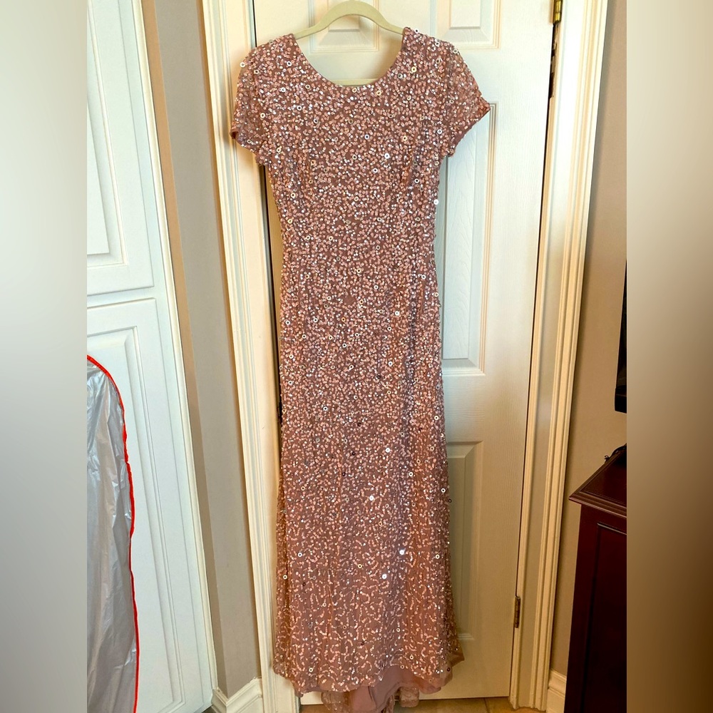 Adrianna Papell long, rose, sequined dress with short train